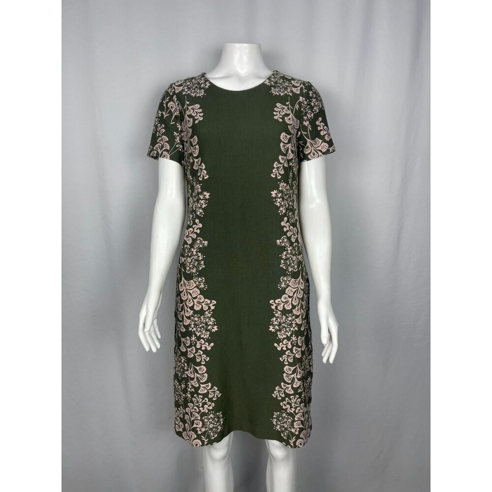 Boden Short Sleeve Sheath Floral Dress 6 Long 6L Green Zip Back Cotton Stretch